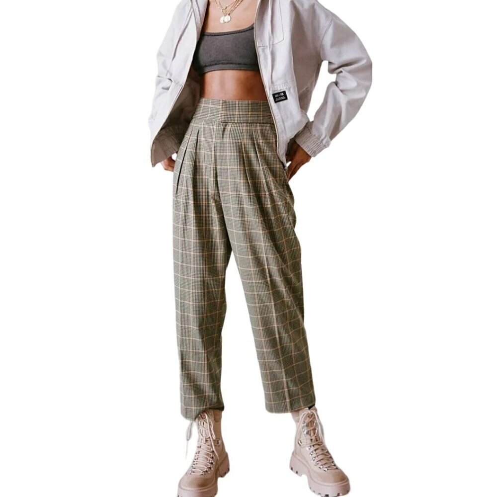 Urban Outfitters Paige Plaid Pleated Cropped Trouser Pants Pockets Size M